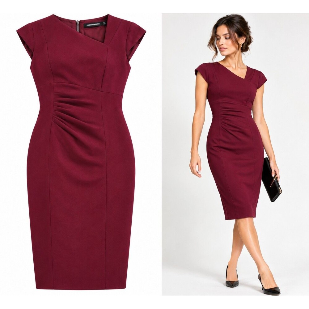 Karen Millen Burgundy Ruched Sheath Dress US 10 UK 14 V Neck Cocktail Career